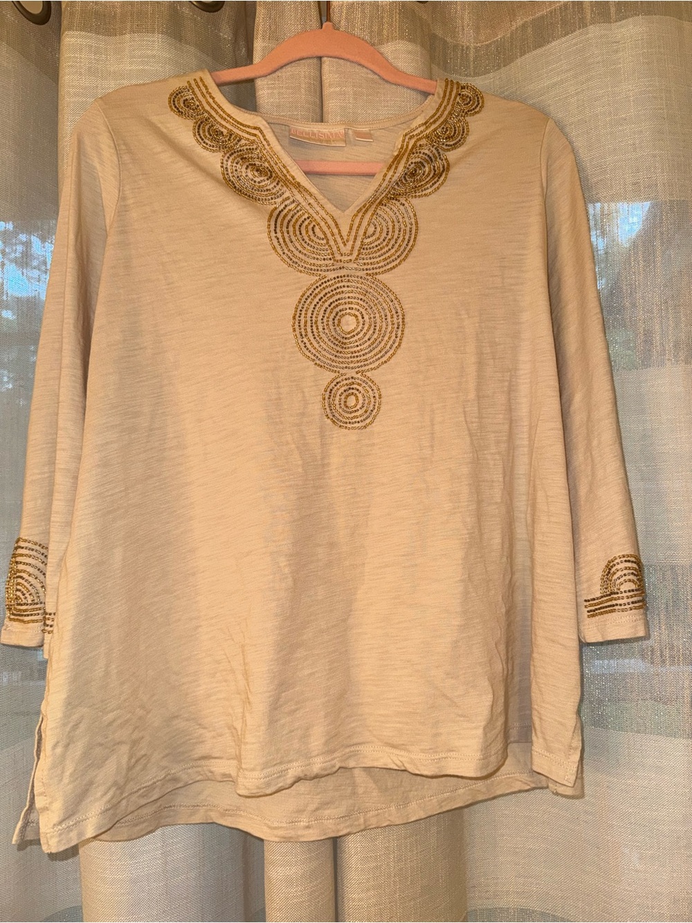 Bellisima by Kim Gravel Slub Knit Boutique Beaded Tunic in the "Sand Bar/Gold"